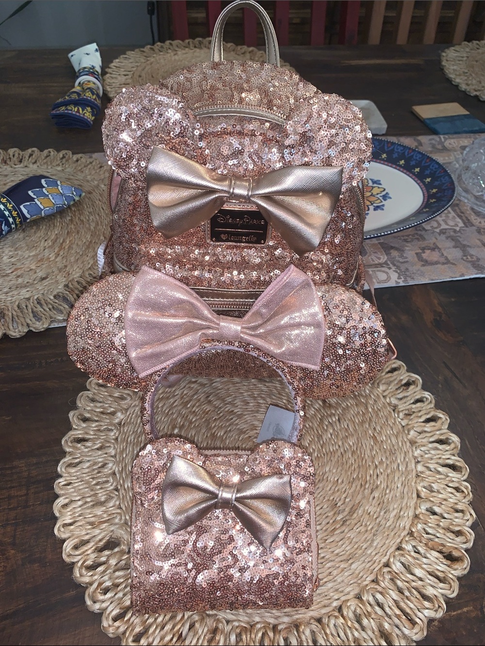 Disney Parks Loungefly Rose Gold Sequin Backpack, Wallet, Mouse Ears set